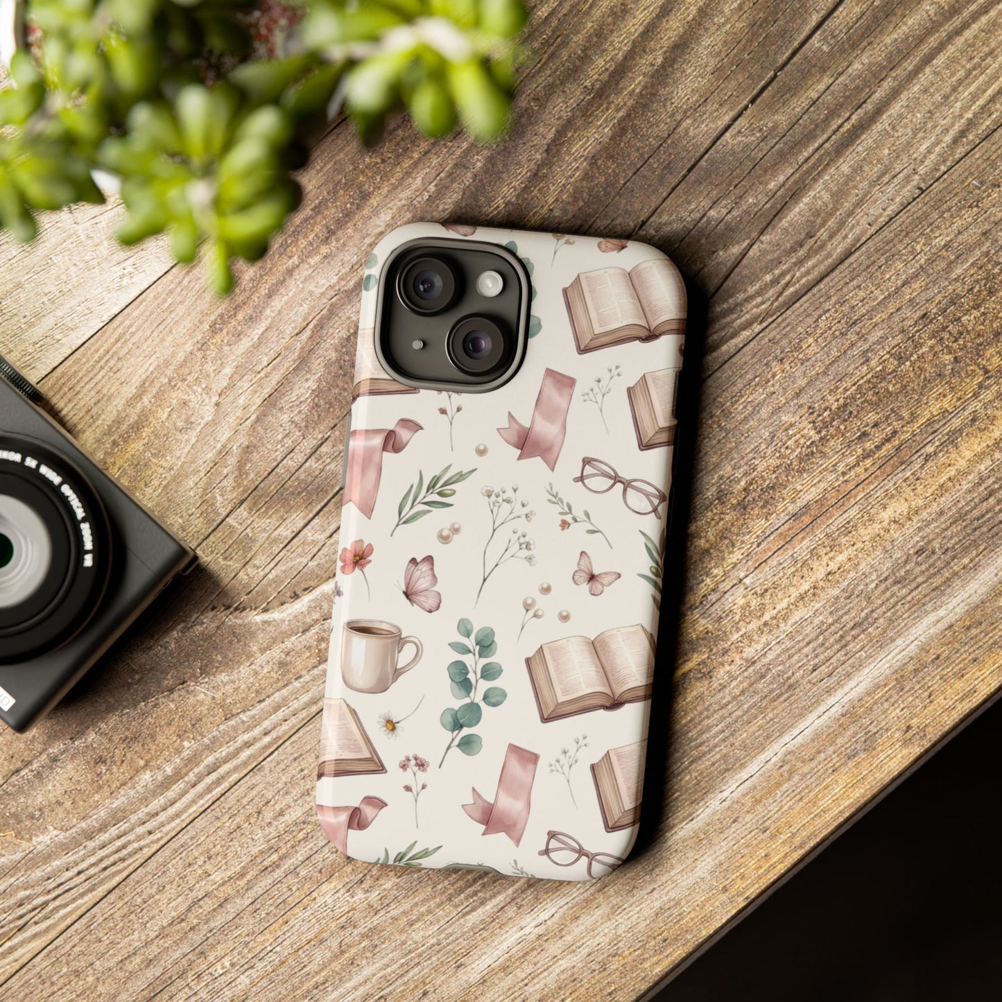 Bookish Floral Phone Case — Cozy Reading Pattern with Open Books, Glasses & Coffee
