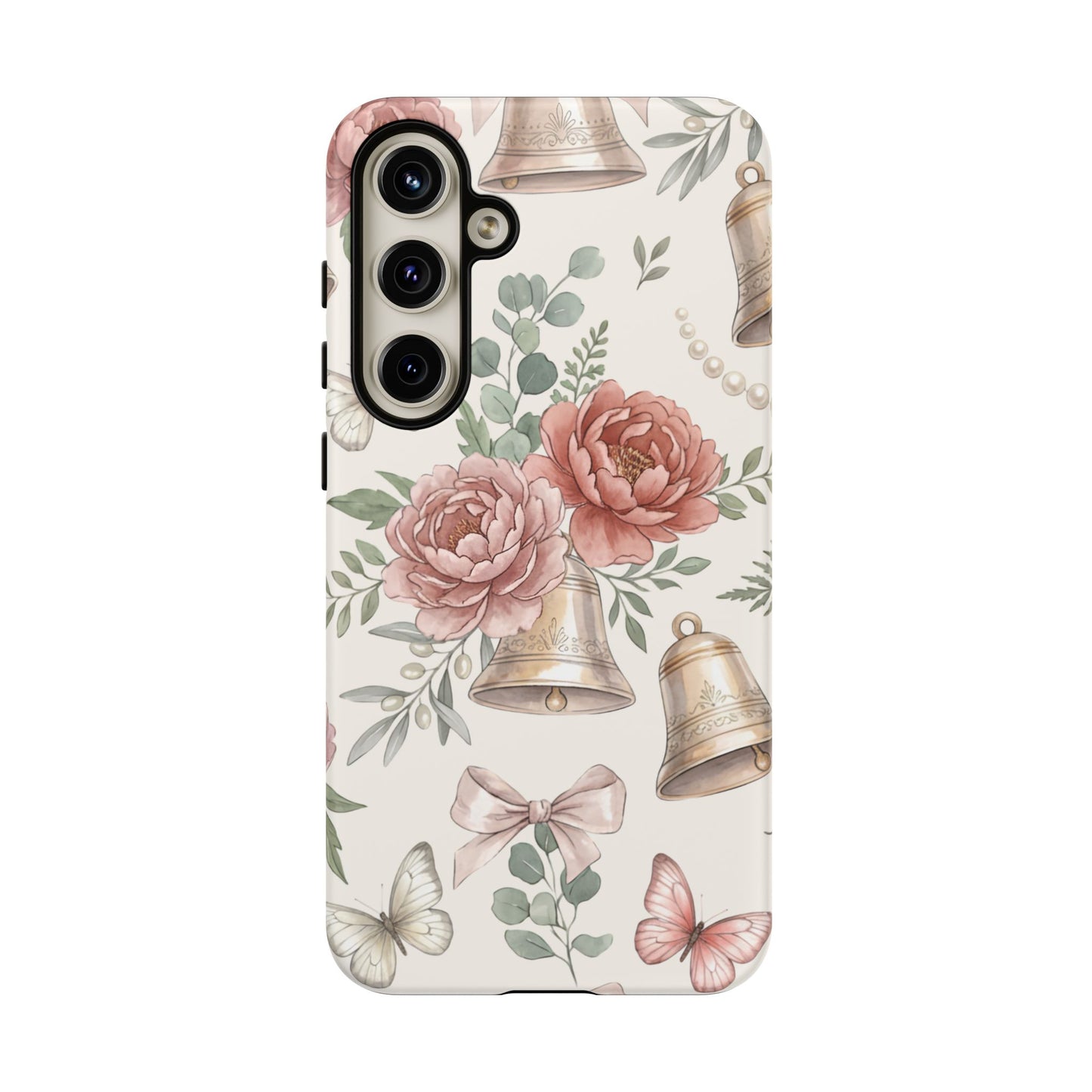 Floral Wedding Bells Phone Case — Vintage Roses, Butterflies & Bow Protective Tough Case