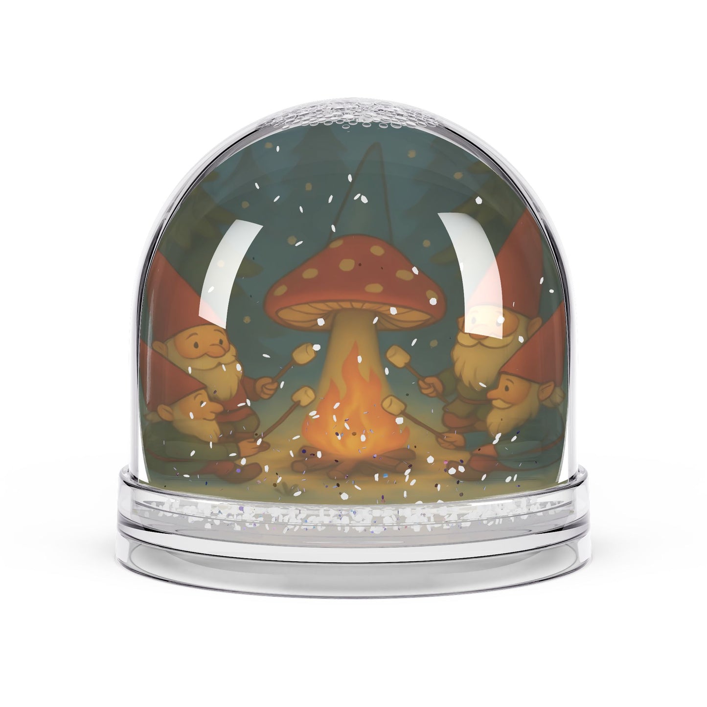 Whimsical Gnome Campfire Snow Globe – Toadstool & Marshmallow Forest Scene