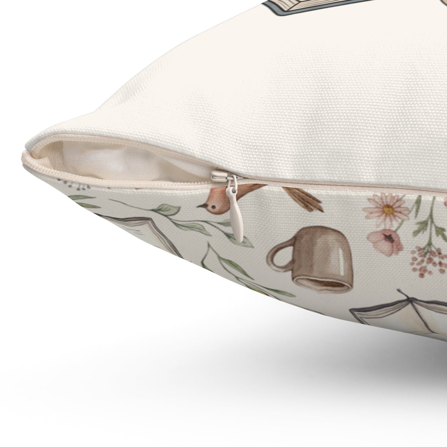 Cozy Book & Coffee Throw Pillow — Mountain Floral Reading Accent