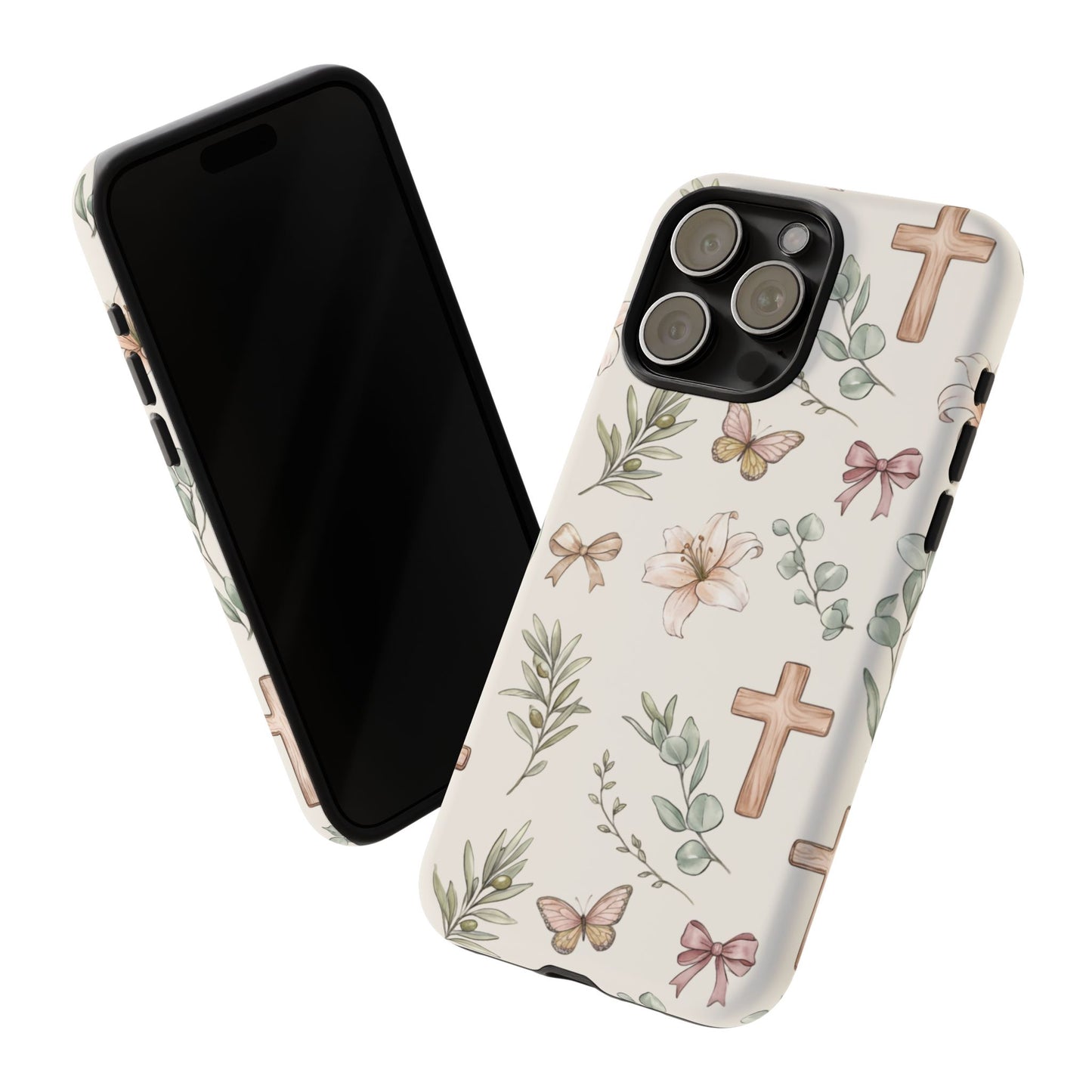 Floral Cross Tough Phone Case — Pastel Butterflies & Bows Christian Design