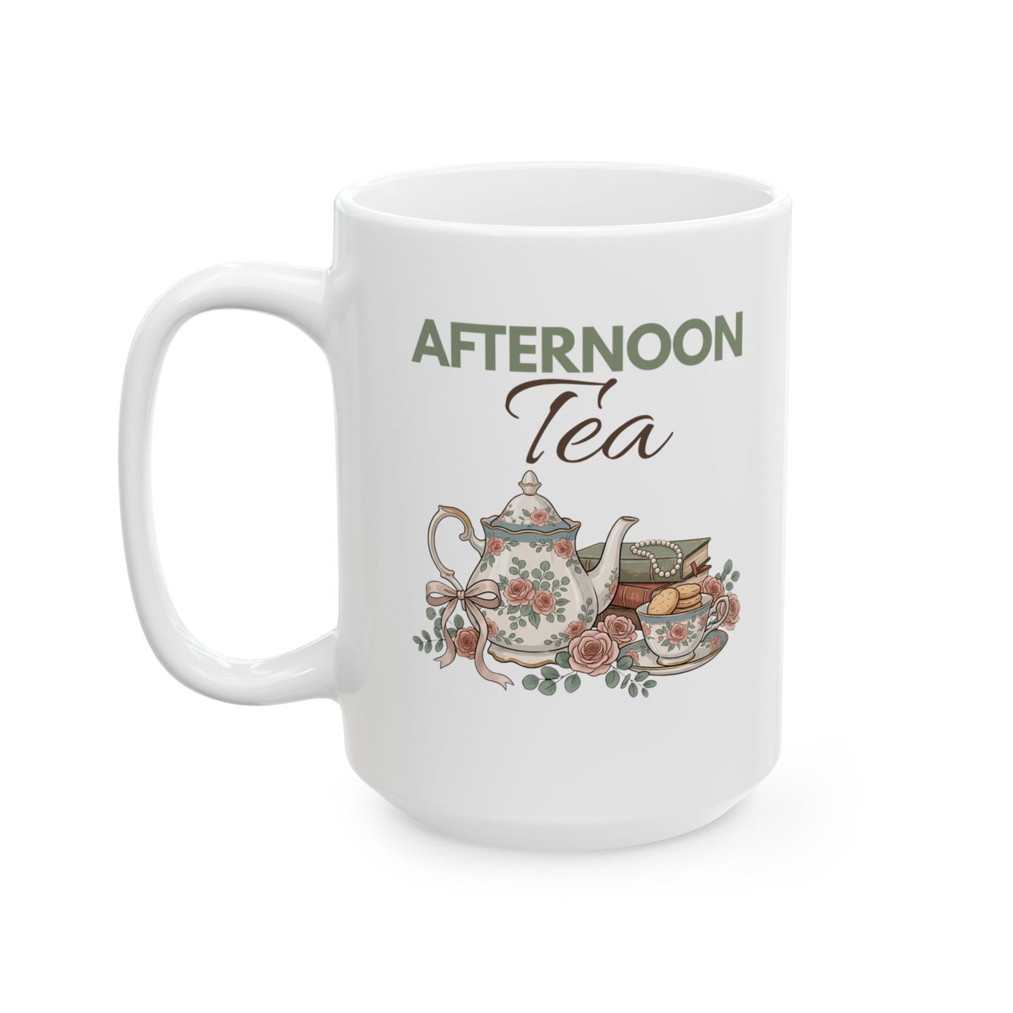 Afternoon Tea Ceramic Coffee Mug – Floral Tea Lover Mug – Vintage Teapot Tea Cup – Cozy Gift for Tea Lovers – 11oz & 15oz