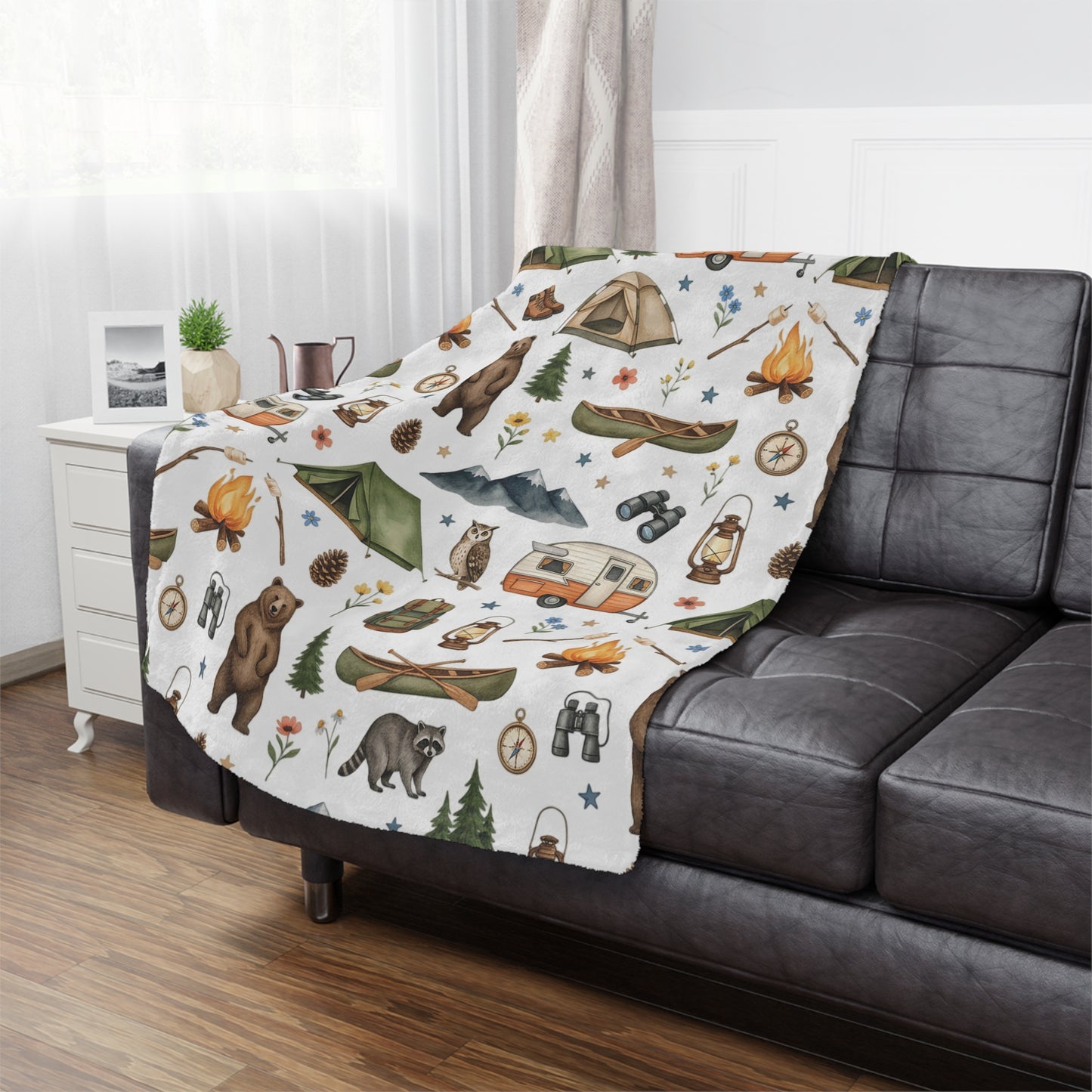 Camping Pattern Minky Blanket — Cozy Outdoor Adventure Throw with Tents, Campfire & Wildlife