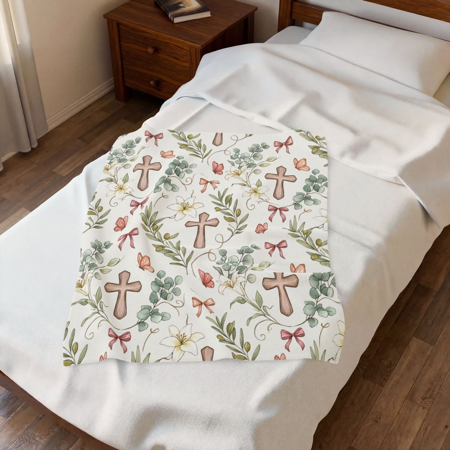Religious Floral Cross Velveteen Plush Blanket — Soft Christian Comfort Throw