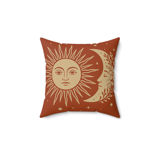 Celestial Sun & Moon Throw Pillow – Boho Decorative Cushion in Terracotta with Double-Sided Print