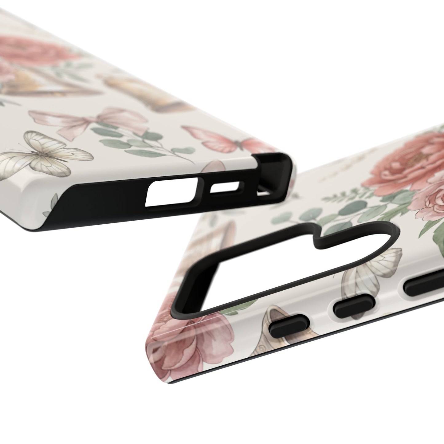 Floral Wedding Bells Phone Case — Vintage Roses, Butterflies & Bow Protective Tough Case