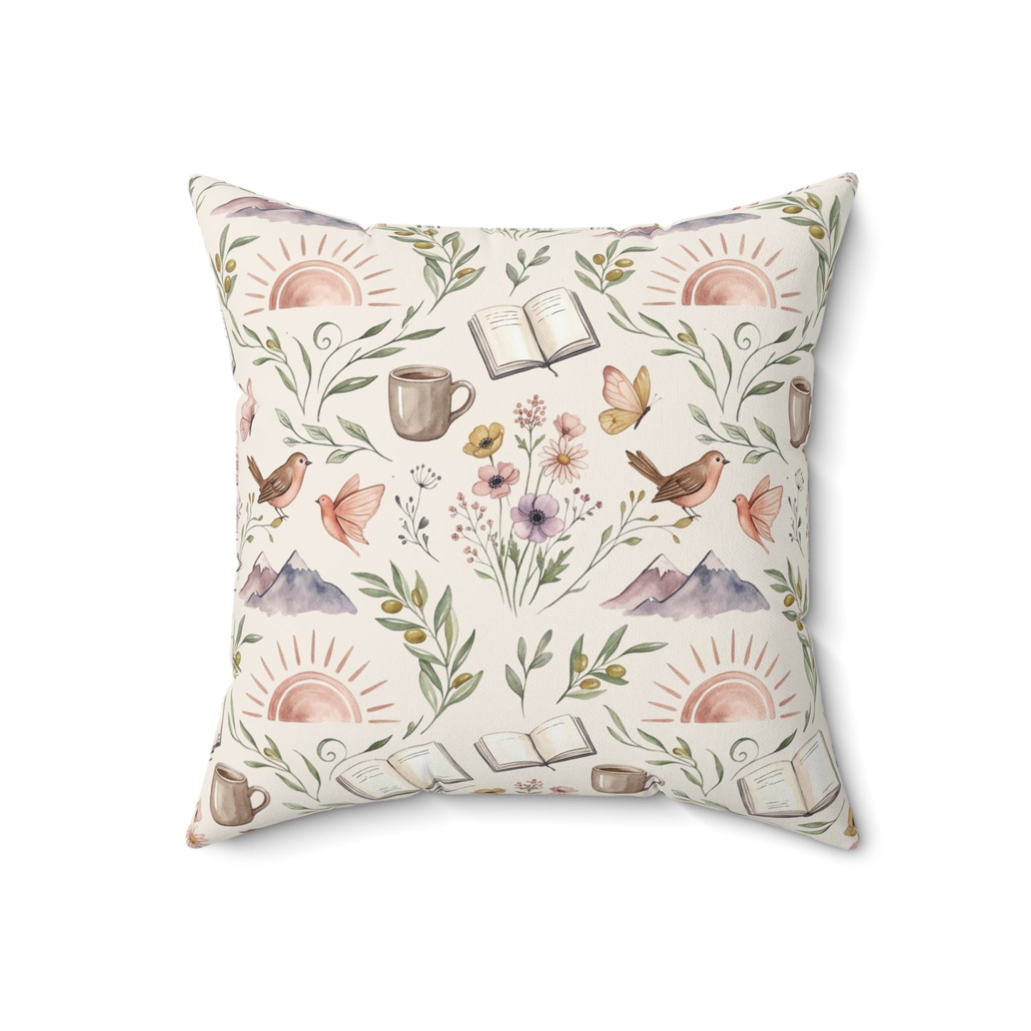 Cozy Book & Coffee Throw Pillow — Mountain Floral Reading Accent