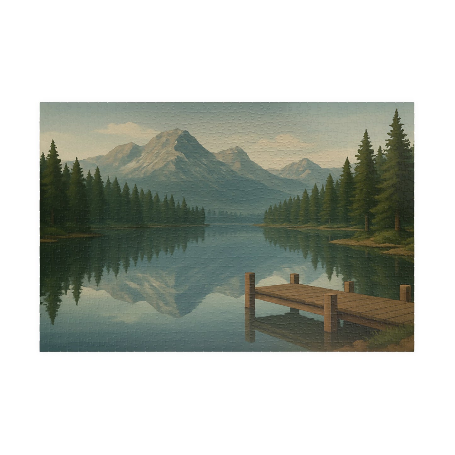 Mountain Lake Reflection Jigsaw Puzzle – Scenic Nature Dock View