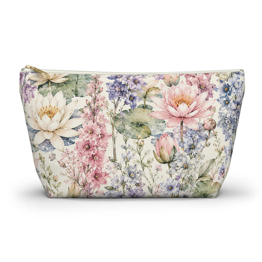 Floral Watercolor Accessory Pouch — Garden Lotus Makeup Bag