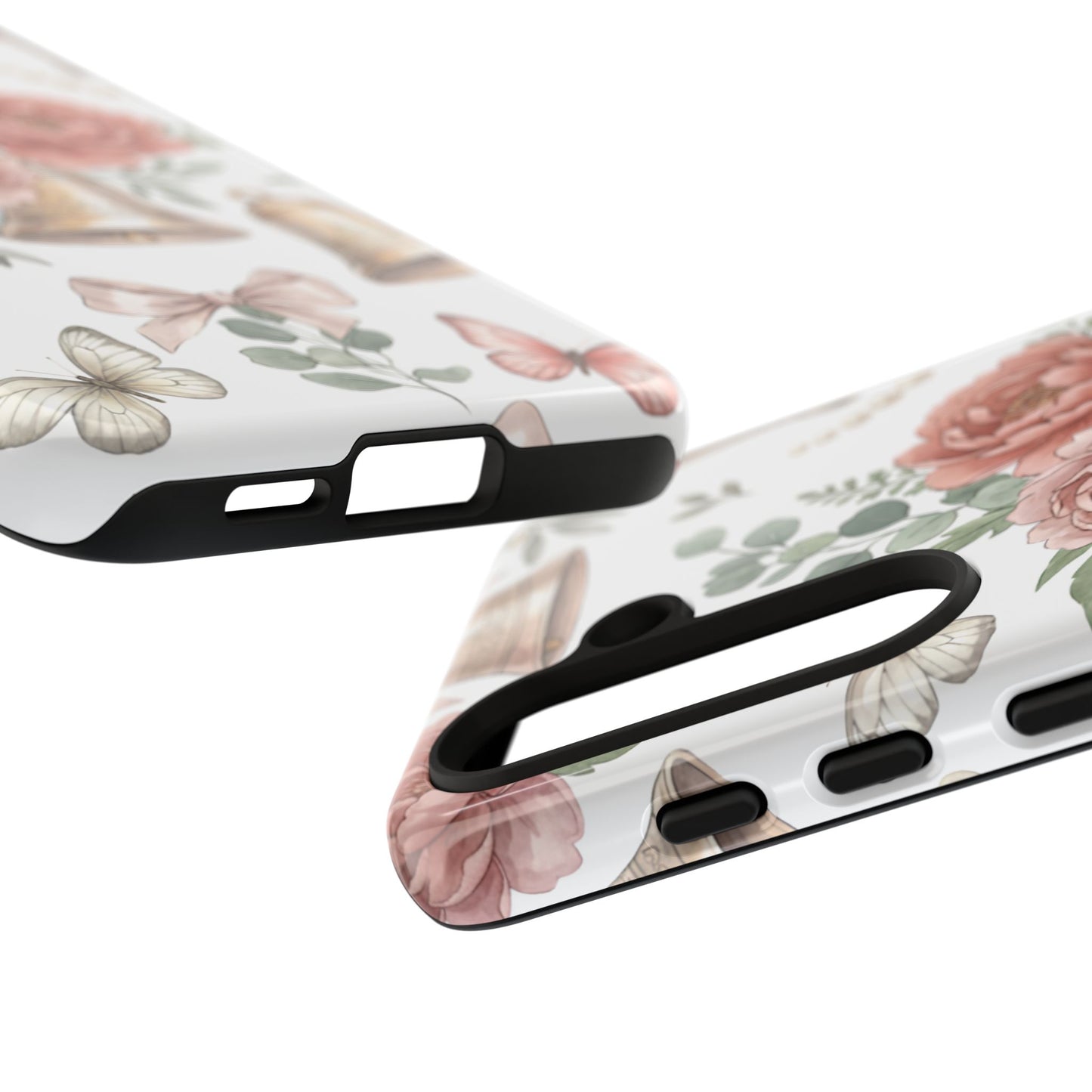 Floral Wedding Bells Phone Case — Vintage Roses, Butterflies & Bow Protective Tough Case