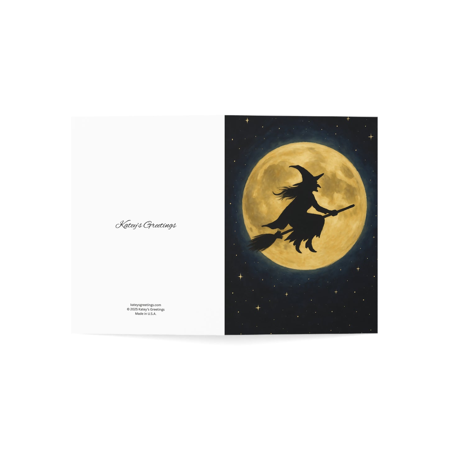 Halloween Card – Witch Flying Across the Full Moon – Premium 270gsm Greeting Card + Envelope