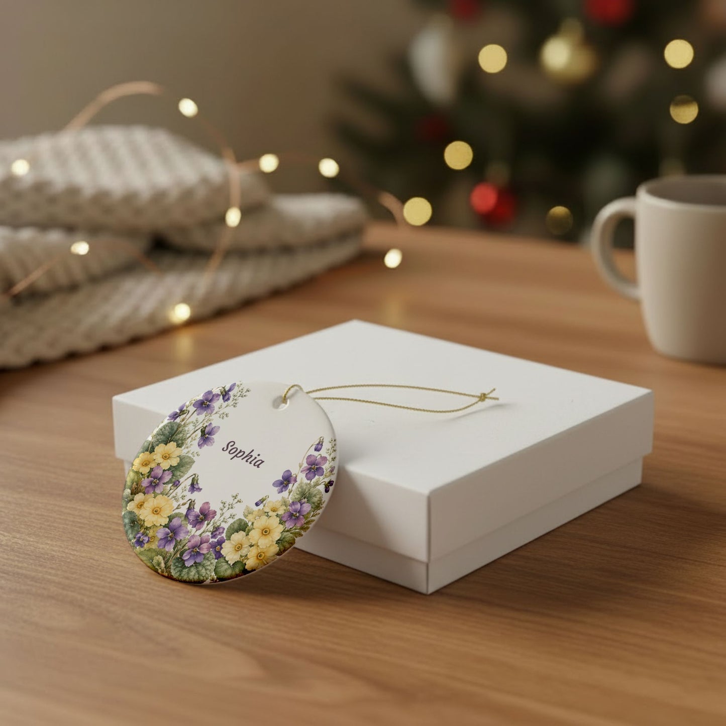 Personalized Floral Ceramic Ornament — Custom Name Violet & Yellow Flower Decoration