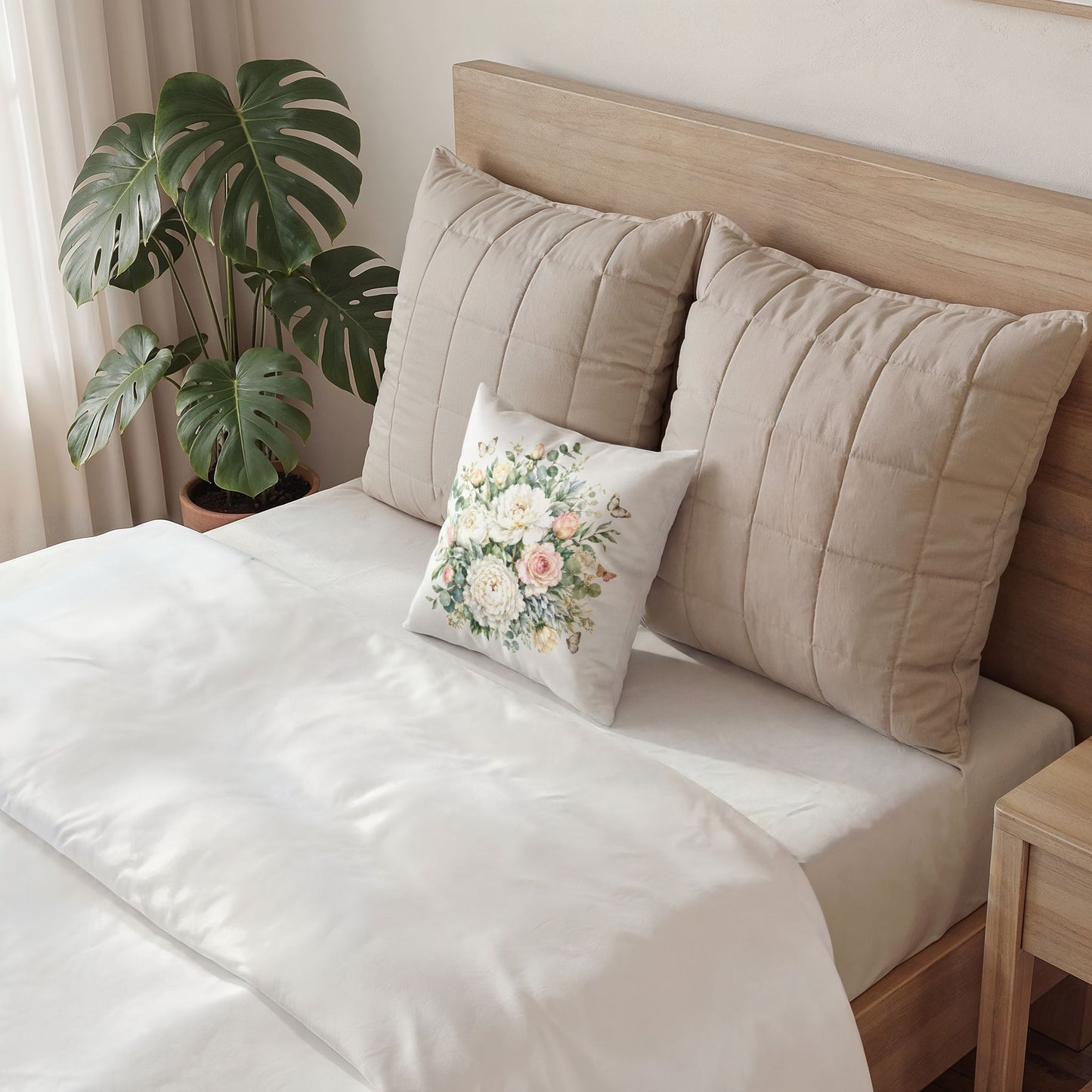 Floral Velvet Pillow — Soft White Peony Bouquet Throw Pillow