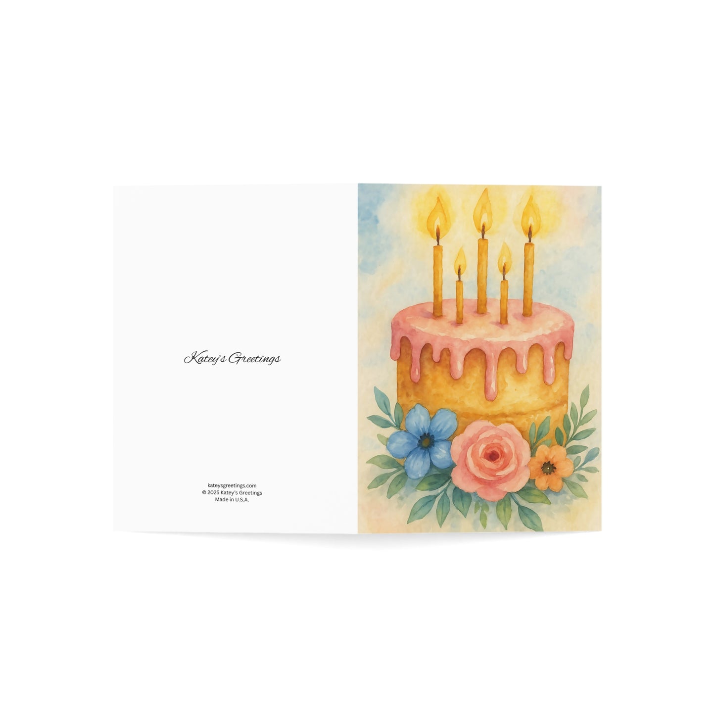 Watercolor Birthday Cake Greeting Card with Floral Accents – Blank Inside