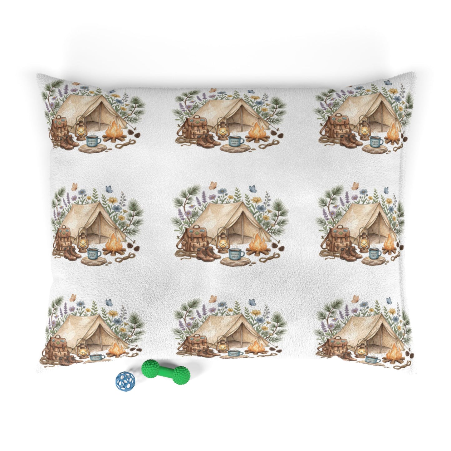 Cozy Camping Pet Bed — Watercolor Tent & Paw Print Pattern