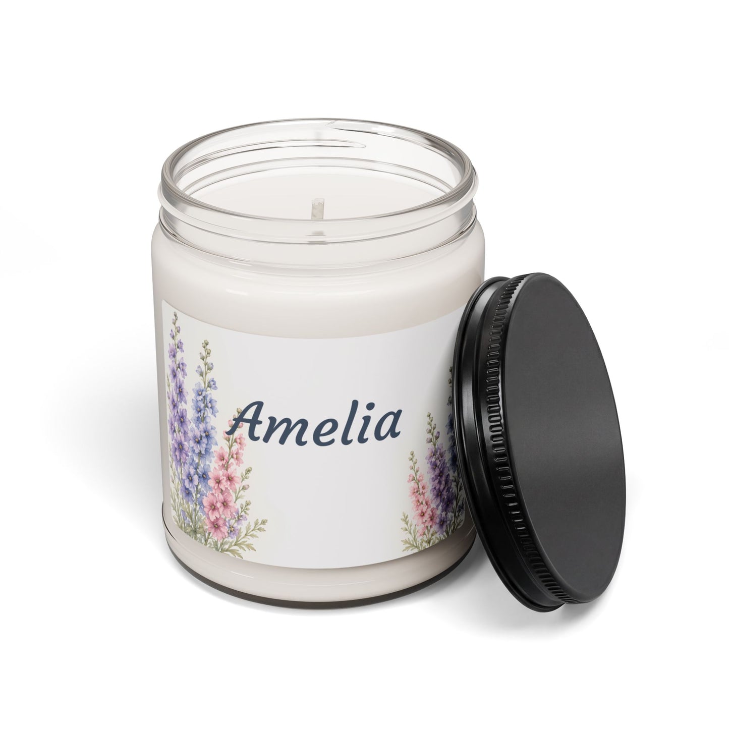 Personalized Lavender Floral Soy Candle — 9oz Scented Jar (Name: Amelia)