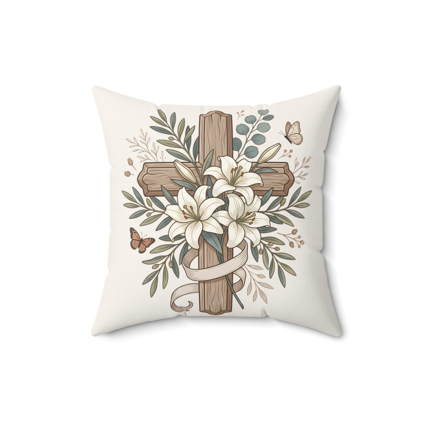Easter Floral Cross Decorative Pillow — Religious Spring Throw Pillow