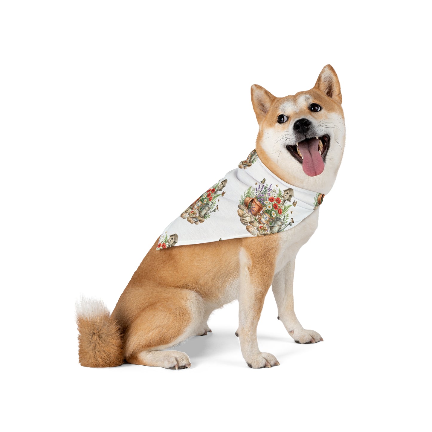 Floral Garden Pet Bandana — Watercolor Birdhouse & Potted Flowers