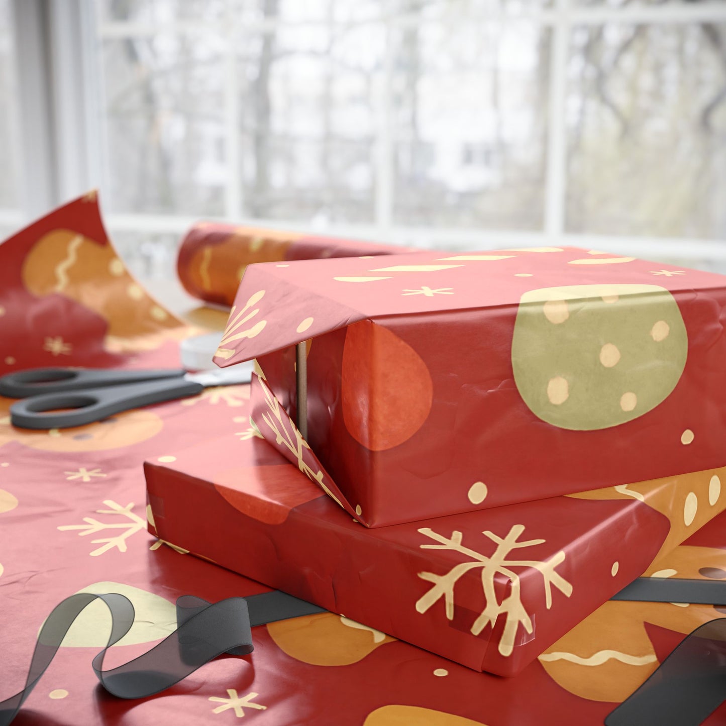 Gingerbread Christmas Wrapping Paper – Candy Canes, Gumdrops & Snowflakes on Red