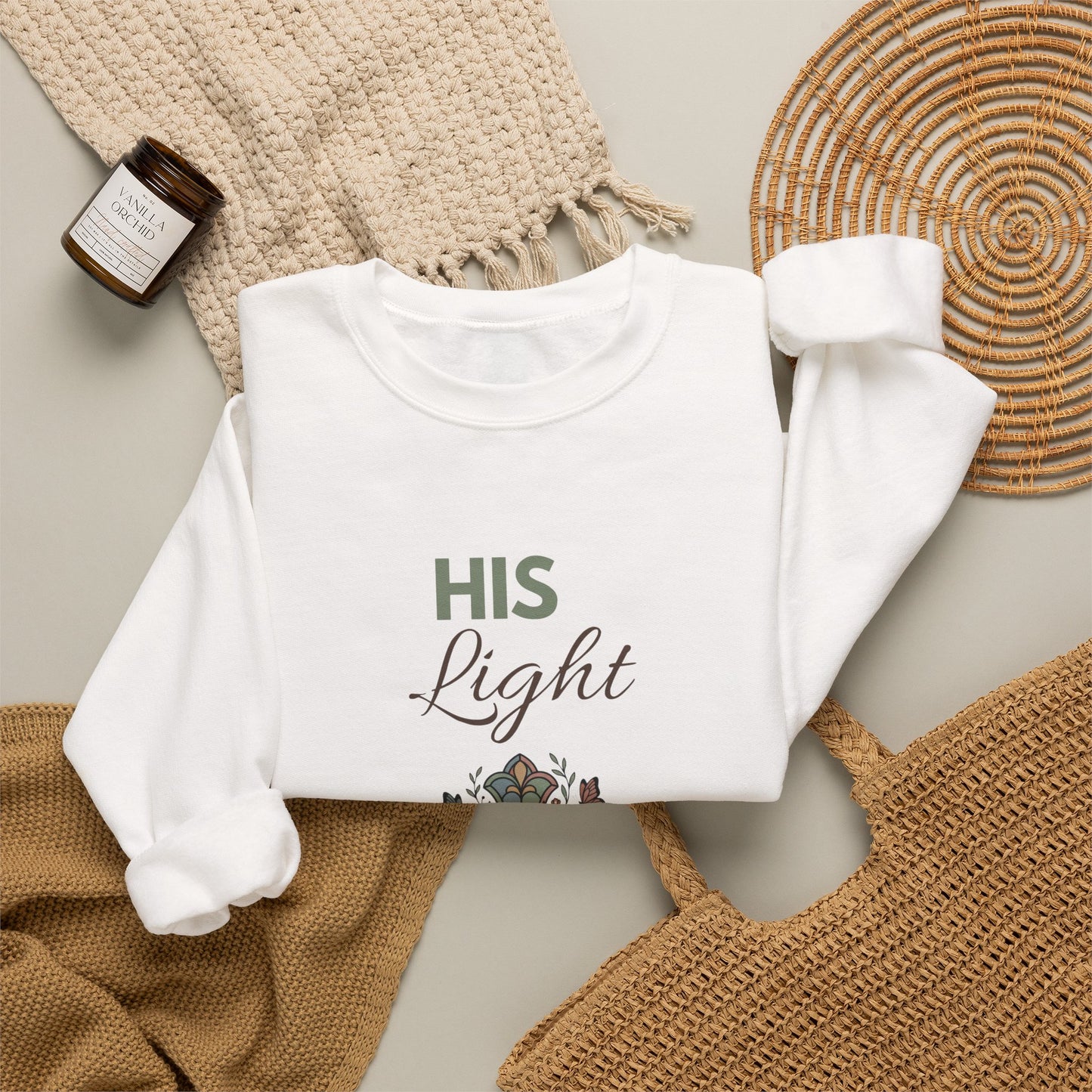 His Light Crewneck Sweatshirt — Floral Cross Christian Graphic Sweatshirt