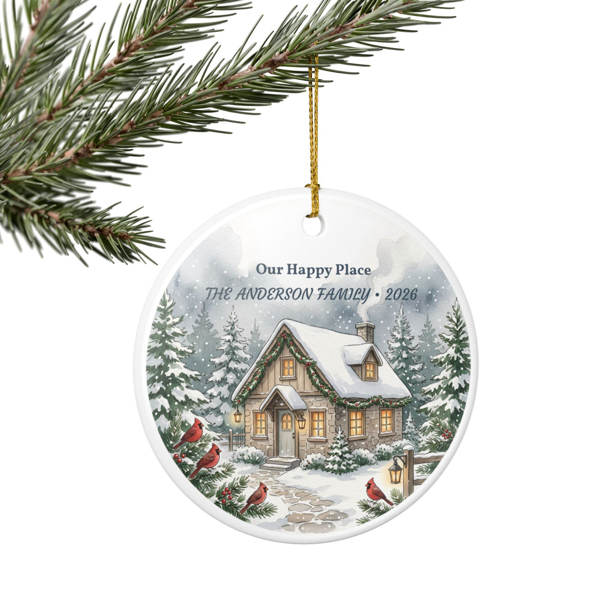 Personalized Ceramic Christmas Ornament – “Our Happy Place” Snowy Cottage with Family Name & Year