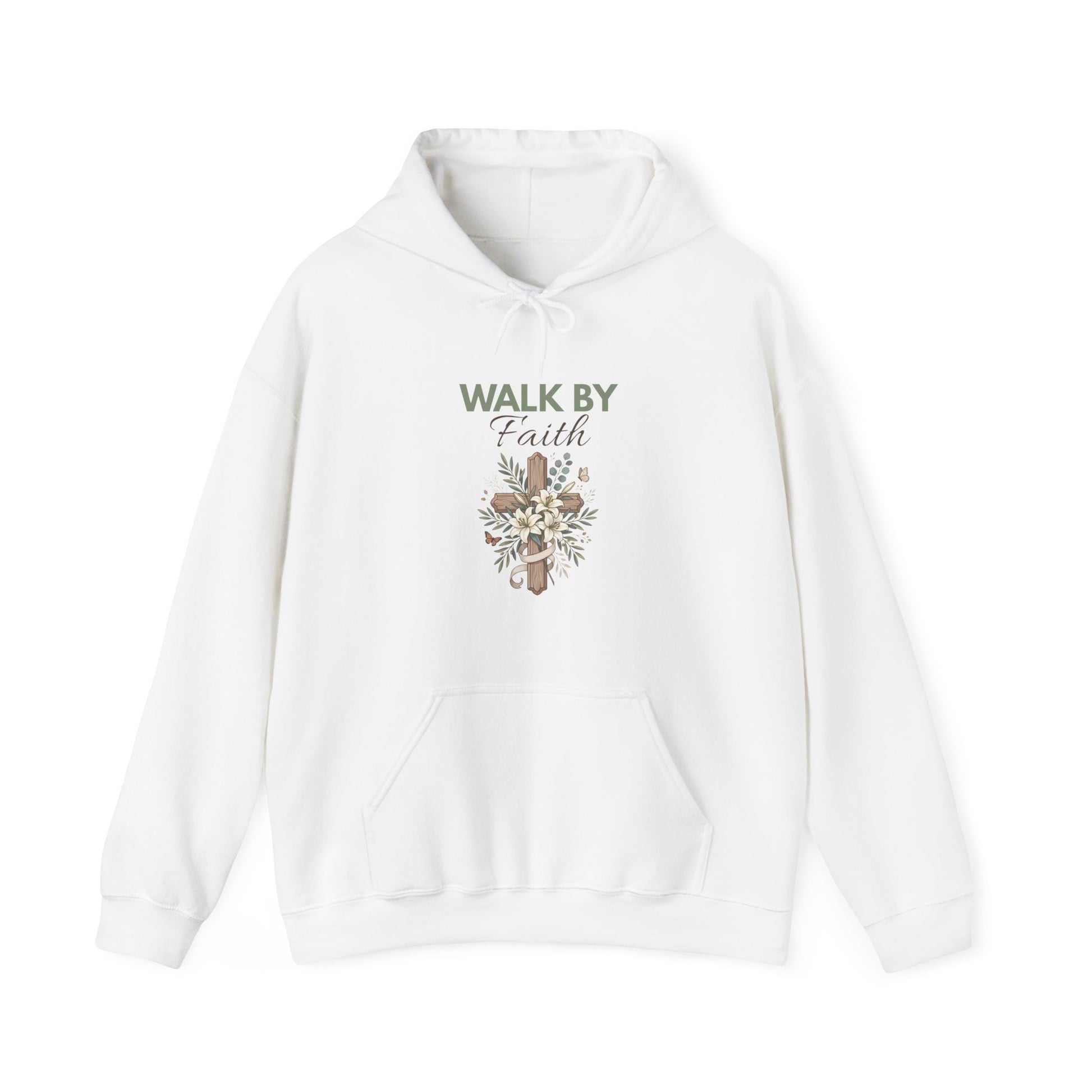A white hooded sweatshirt with 'WALK BY Faith' on the front.