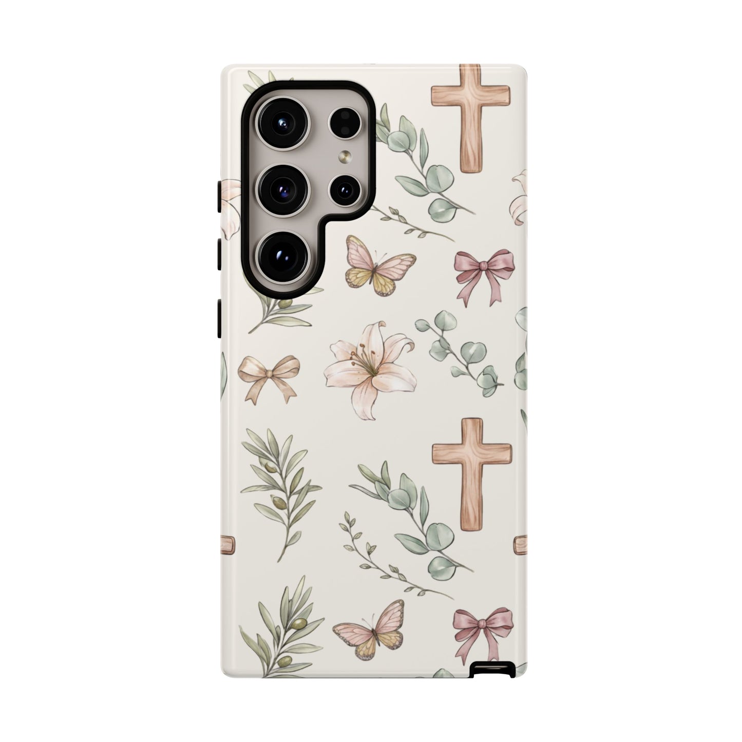 Floral Cross Tough Phone Case — Pastel Butterflies & Bows Christian Design