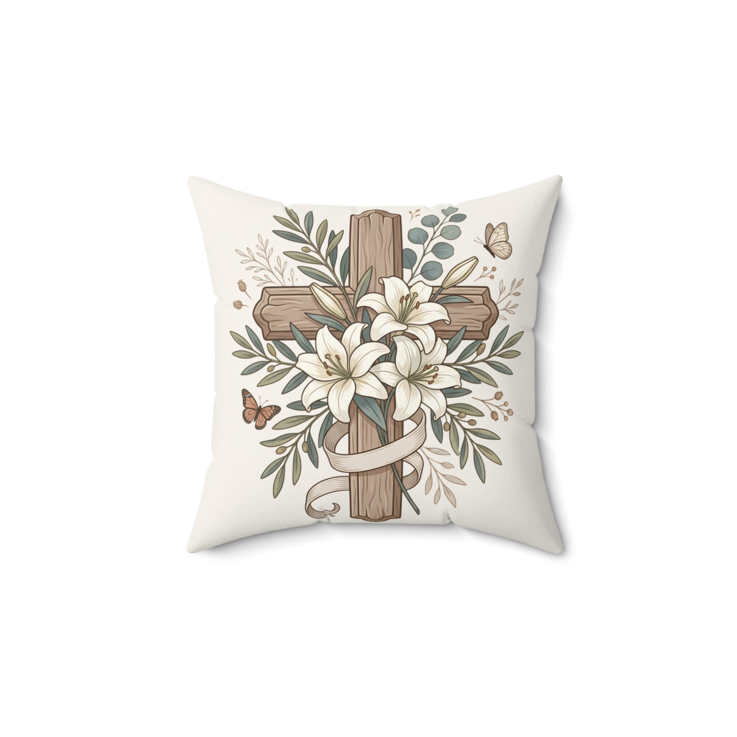 Easter Floral Cross Decorative Pillow — Religious Spring Throw Pillow