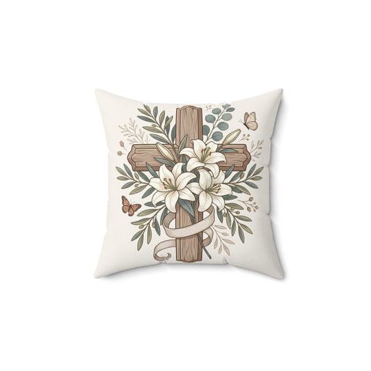 Easter Floral Cross Decorative Pillow — Religious Spring Throw Pillow