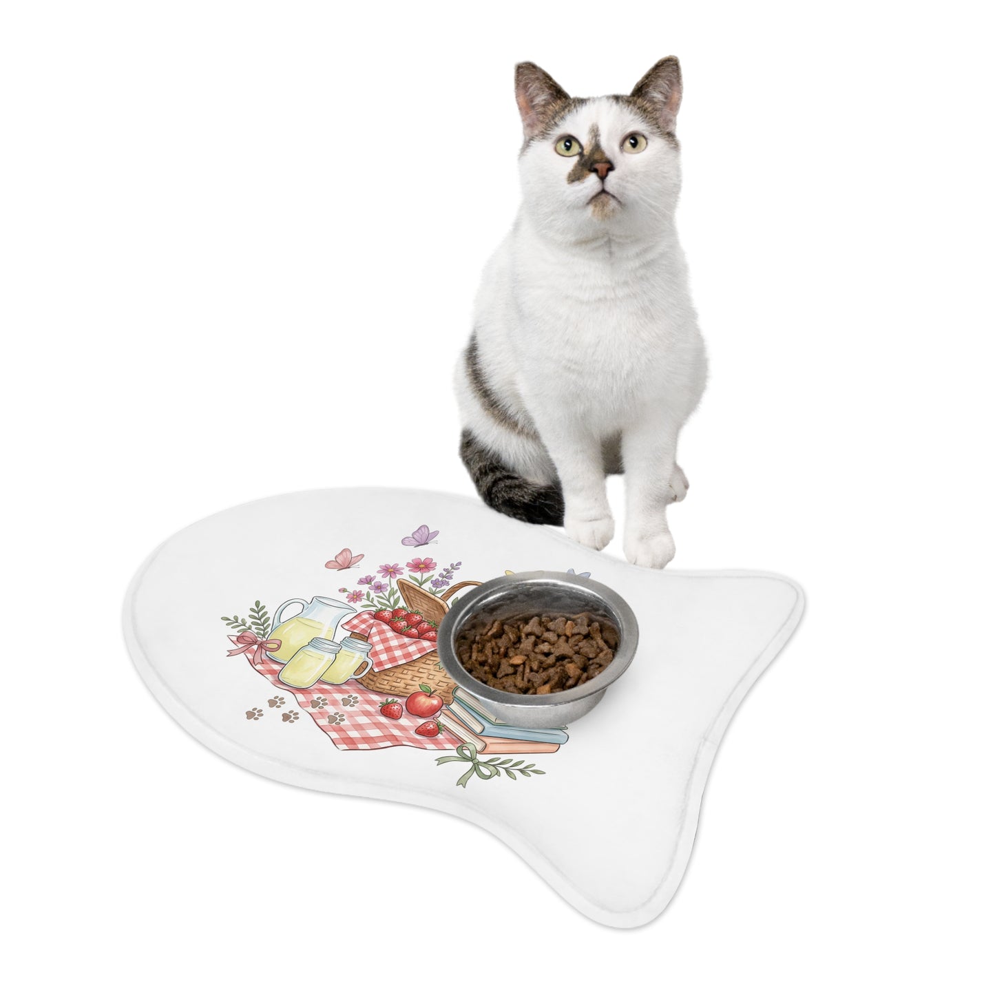 Picnic Basket Pet Feeding Mat — Cute Floral & Butterfly Dog Bowl Placemat