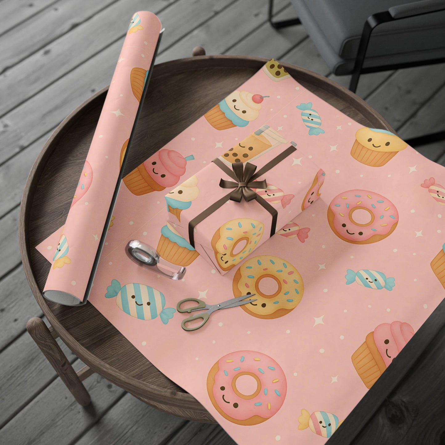 Sweet Treats Kawaii Wrapping Paper – Donuts, Boba, Cupcakes & Candy on Pink