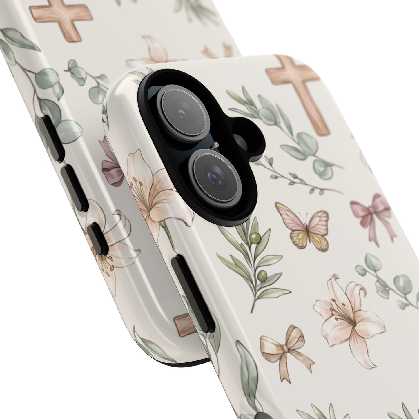 Floral Cross Tough Phone Case — Pastel Butterflies & Bows Christian Design