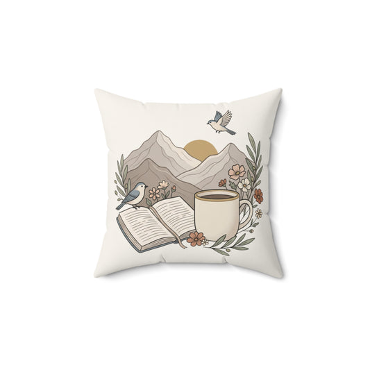 Cozy Book & Coffee Throw Pillow — Mountain Floral Reading Accent