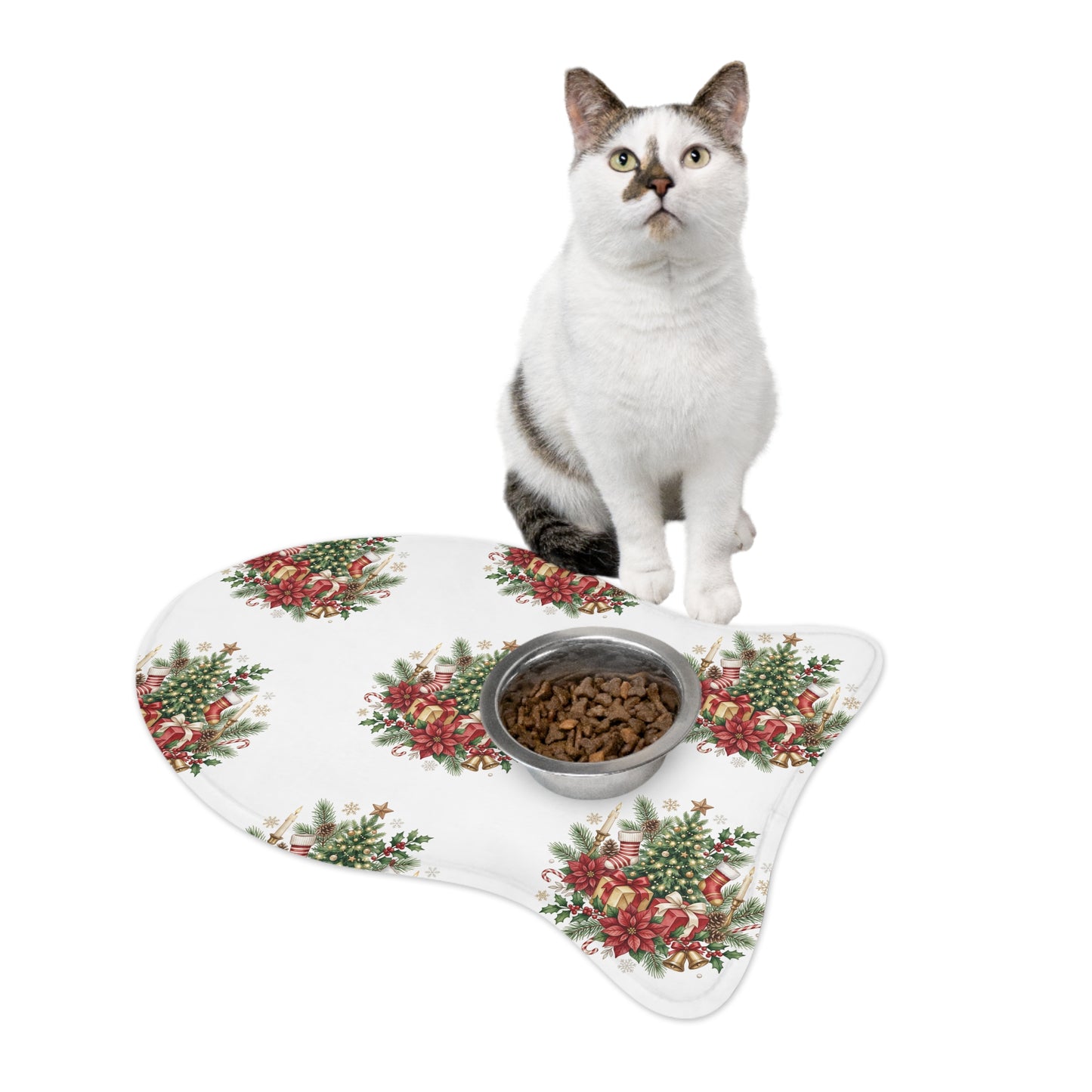 Christmas Pet Feeding Mat — Festive Poinsettia & Tree Placemat for Dogs