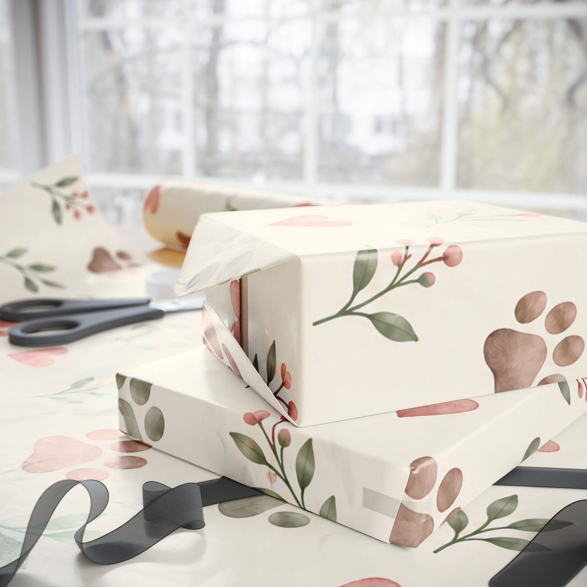Floral Paw Print Wrapping Paper — Botanical Gift Wrap for Pet Lovers