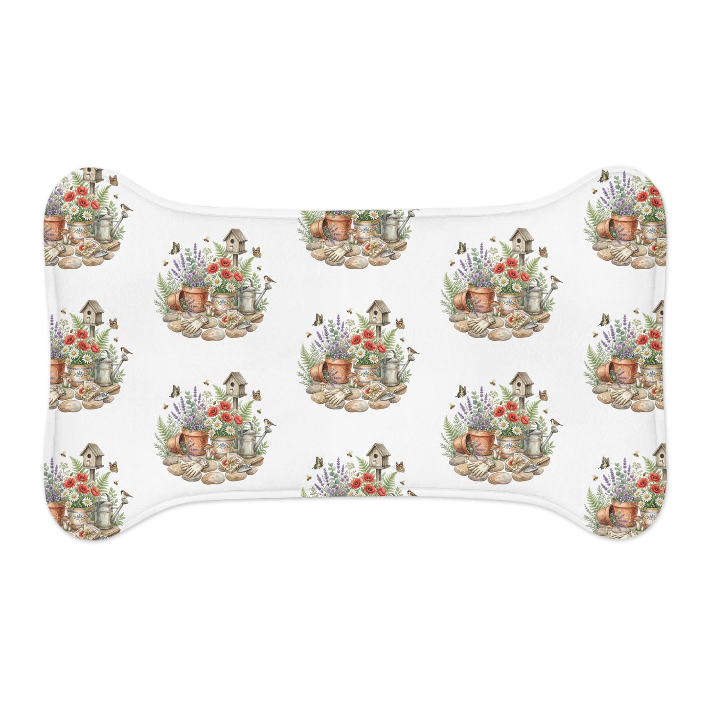 Floral Garden Pet Feeding Mat — Watercolor Birdhouse & Flowers