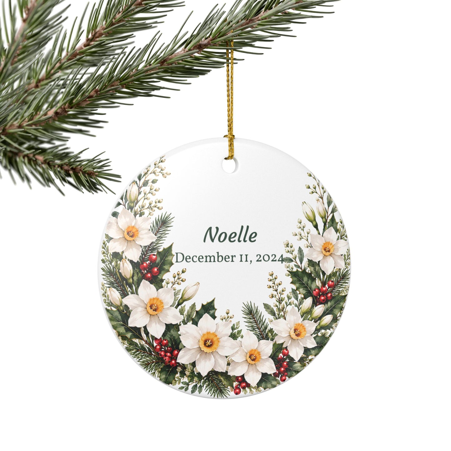 Personalized Ceramic Holiday Ornament — Floral Wreath with Name & Date