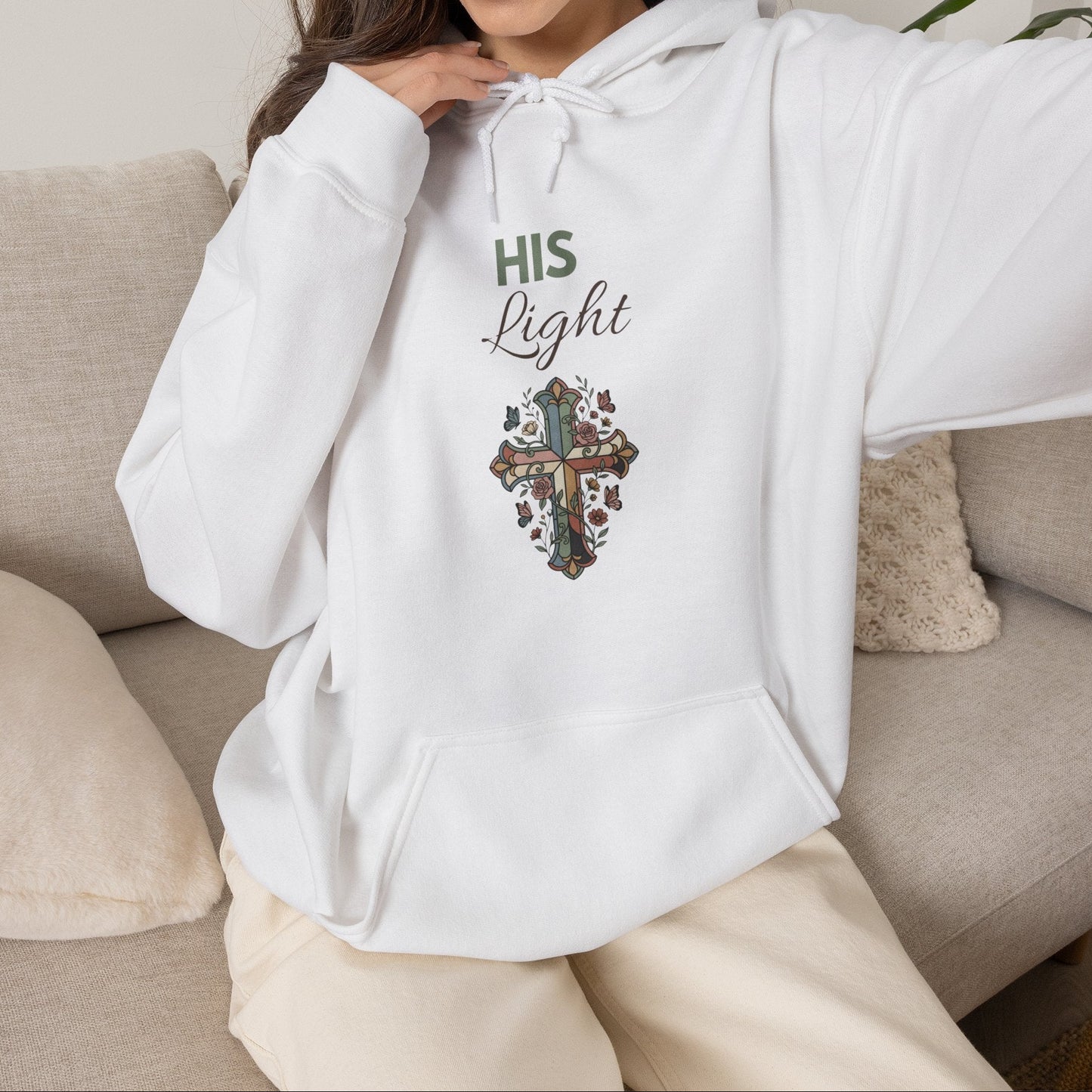 His Light Cross Hoodie — Christian Faith Floral Cross Pullover