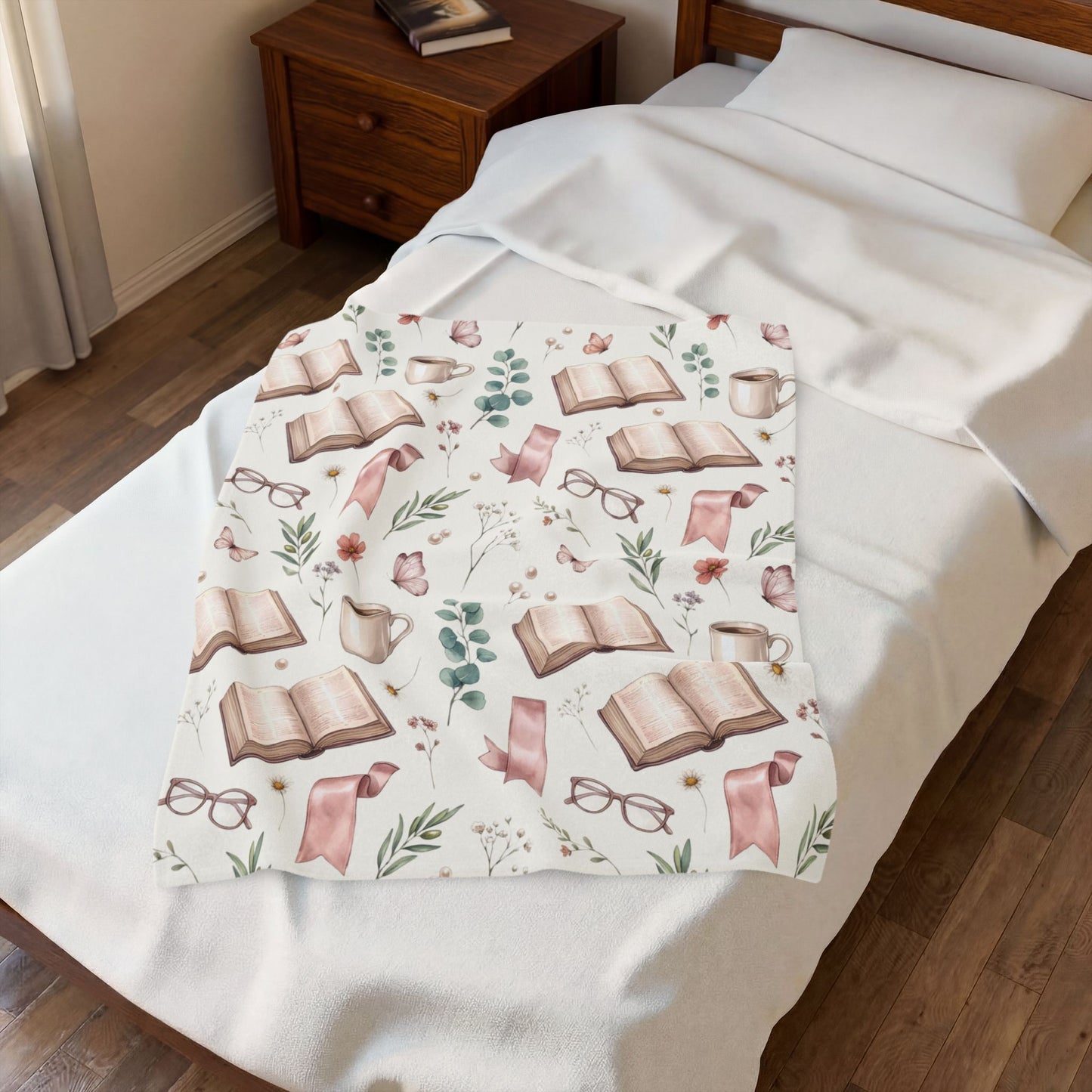 Cozy Reading Velveteen Blanket – Book, Mug & Floral Pattern Plush Throw