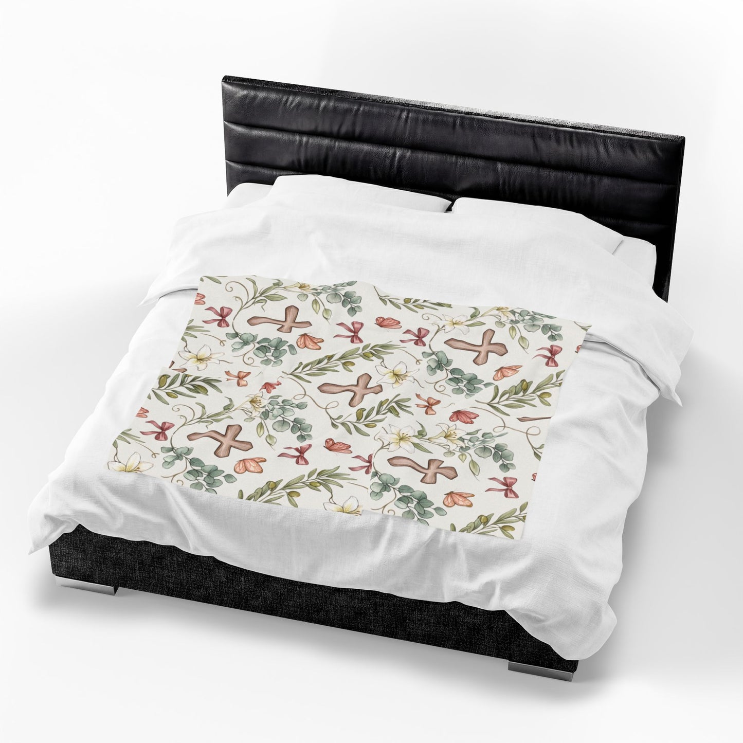 Religious Floral Cross Velveteen Plush Blanket — Soft Christian Comfort Throw
