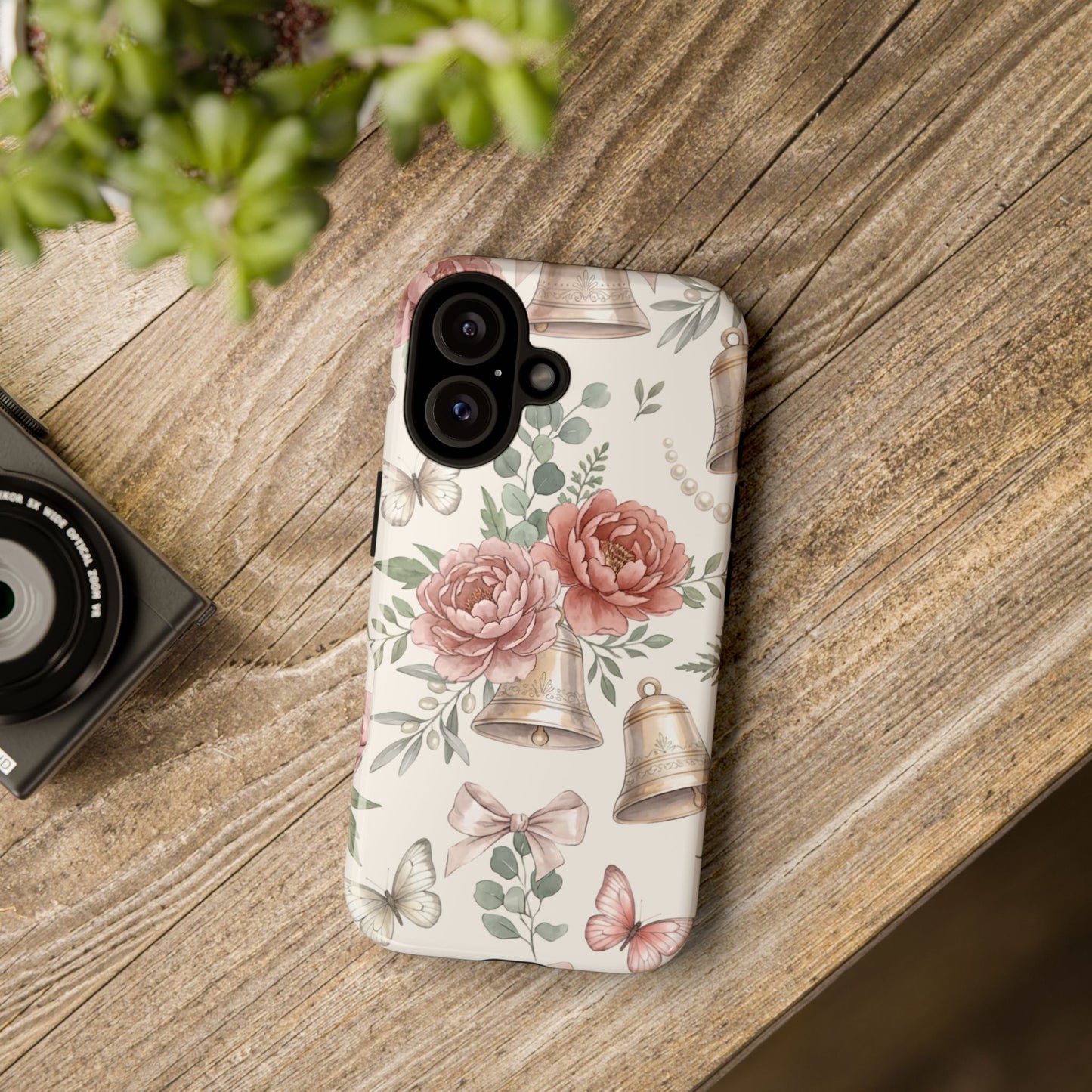 Floral Wedding Bells Phone Case — Vintage Roses, Butterflies & Bow Protective Tough Case
