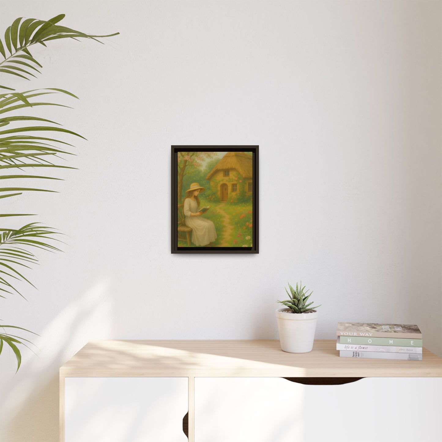 Cottage Garden Reader – Framed Matte Canvas Wall Art of Woman Reading by a Thatched Cottage