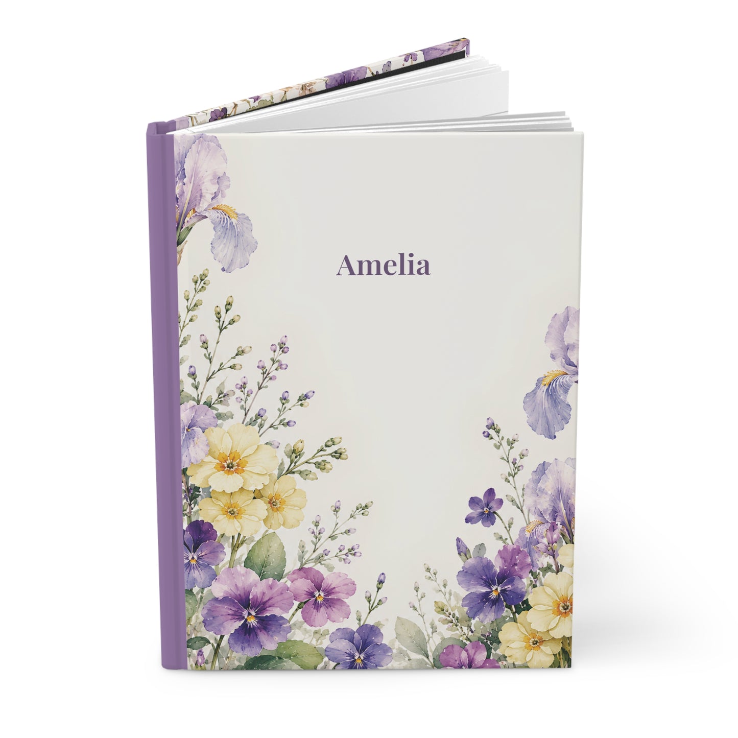 Personalized Floral Hardcover Journal — Purple Iris & Violet Pansy Notebook