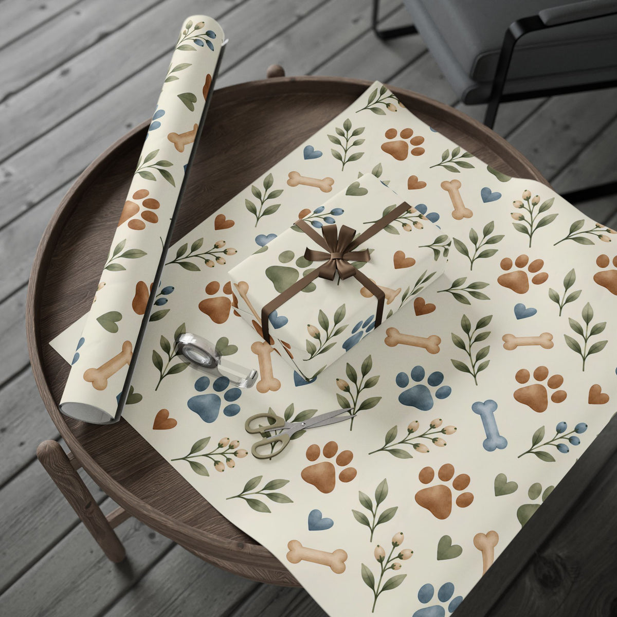 Paw Print Floral Wrapping Paper Roll — Cottage Garden Blooms