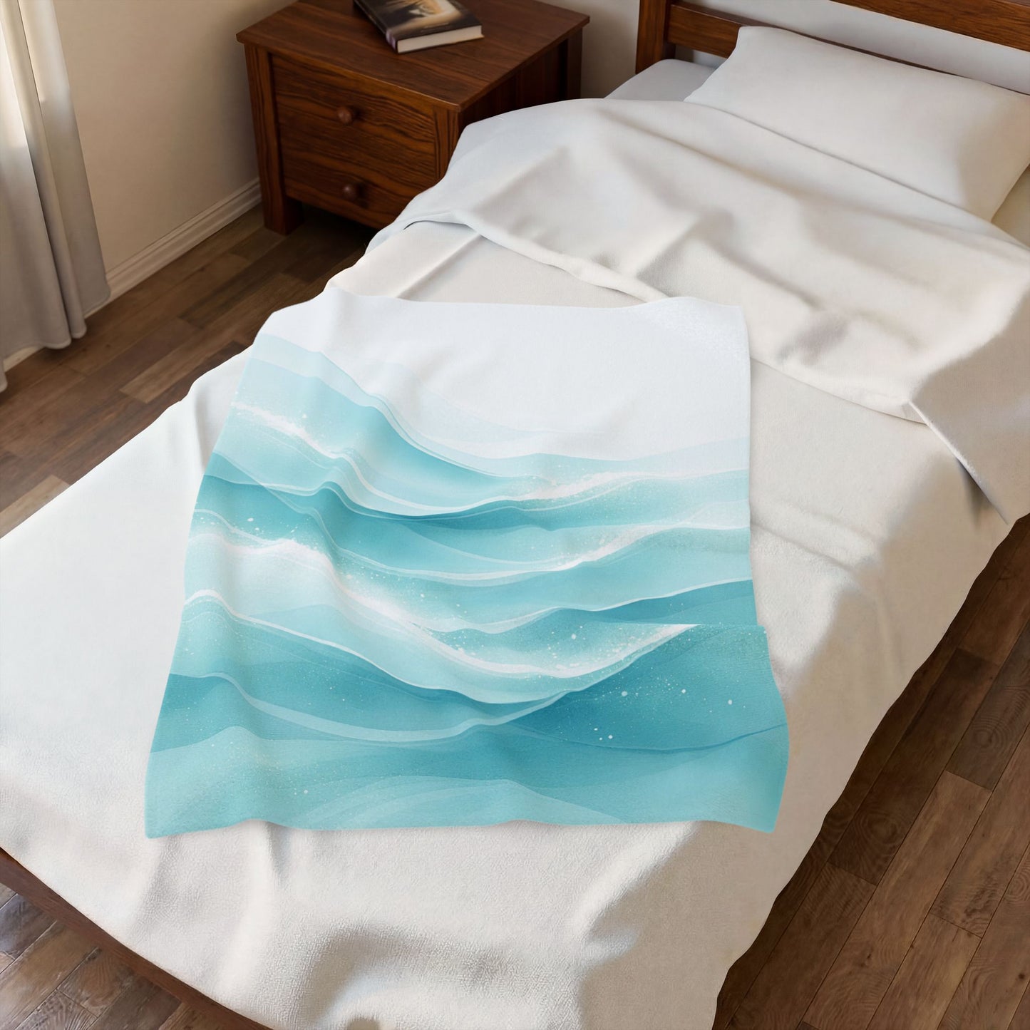Aqua Wave Velveteen Plush Blanket — Soft Ocean Blue Throw for Cozy Bedrooms & Beach House Decor
