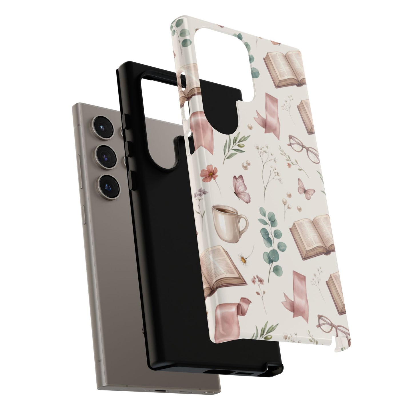 Bookish Floral Phone Case — Cozy Reading Pattern with Open Books, Glasses & Coffee