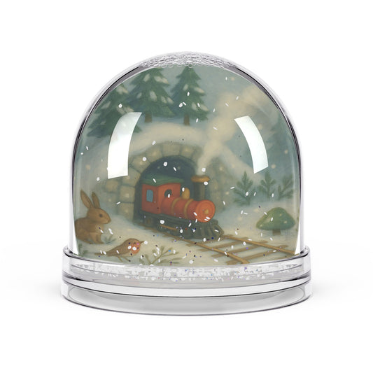 Whimsical Winter Train Snow Globe – Woodland Tunnel Scene with Forest Animals