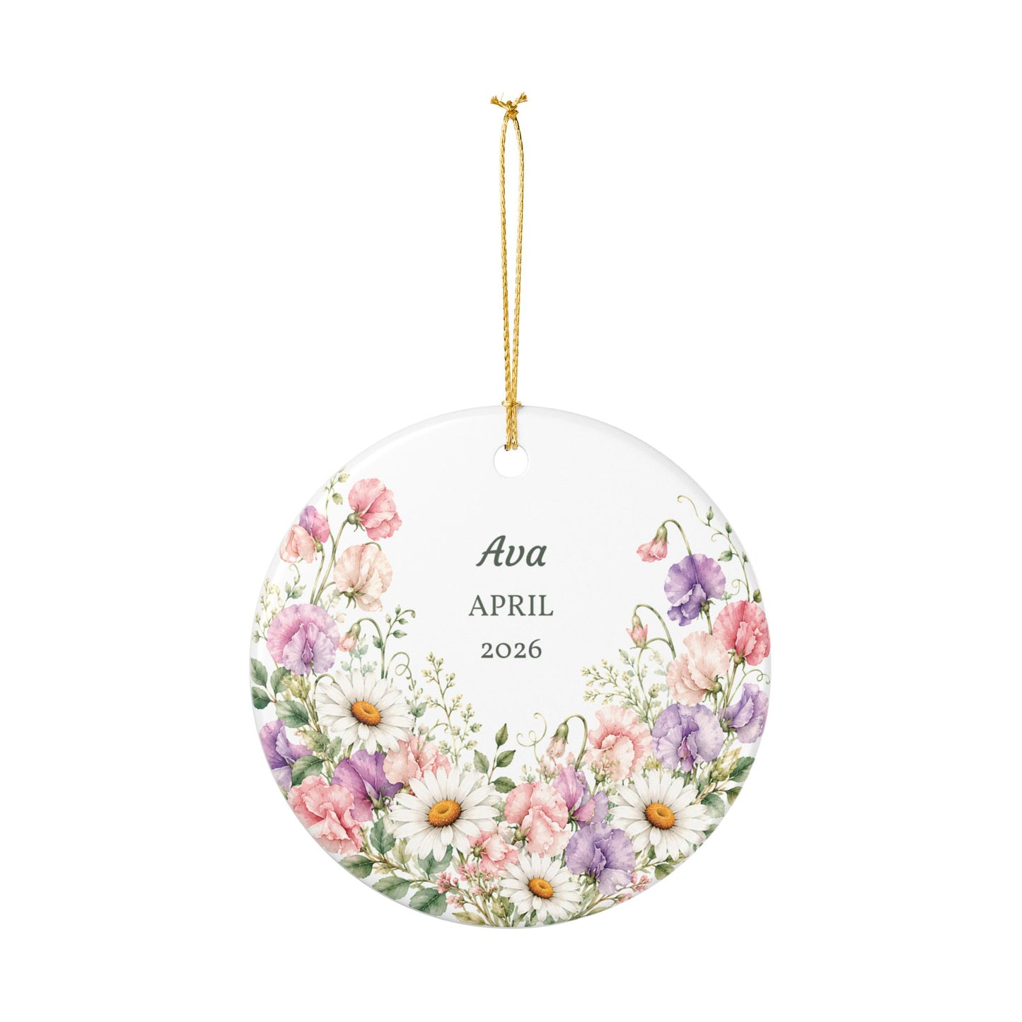 Personalized Floral Ceramic Ornament — Custom Name & Year (Daisies & Pastel Bouquet)