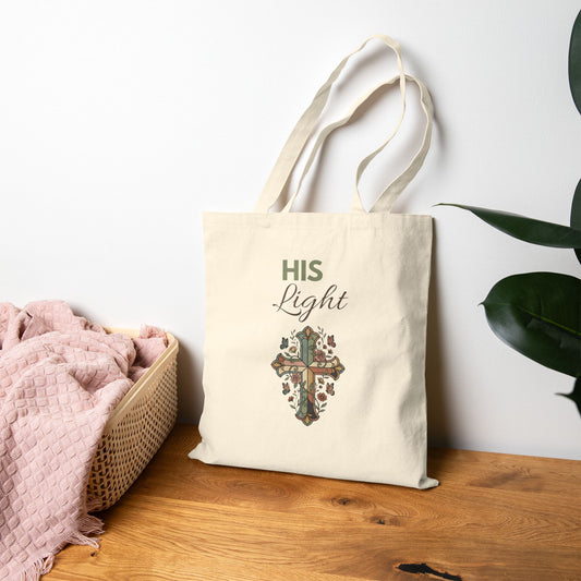His Light Canvas Tote Bag — Faith Cross Floral Eco Grocery Bag