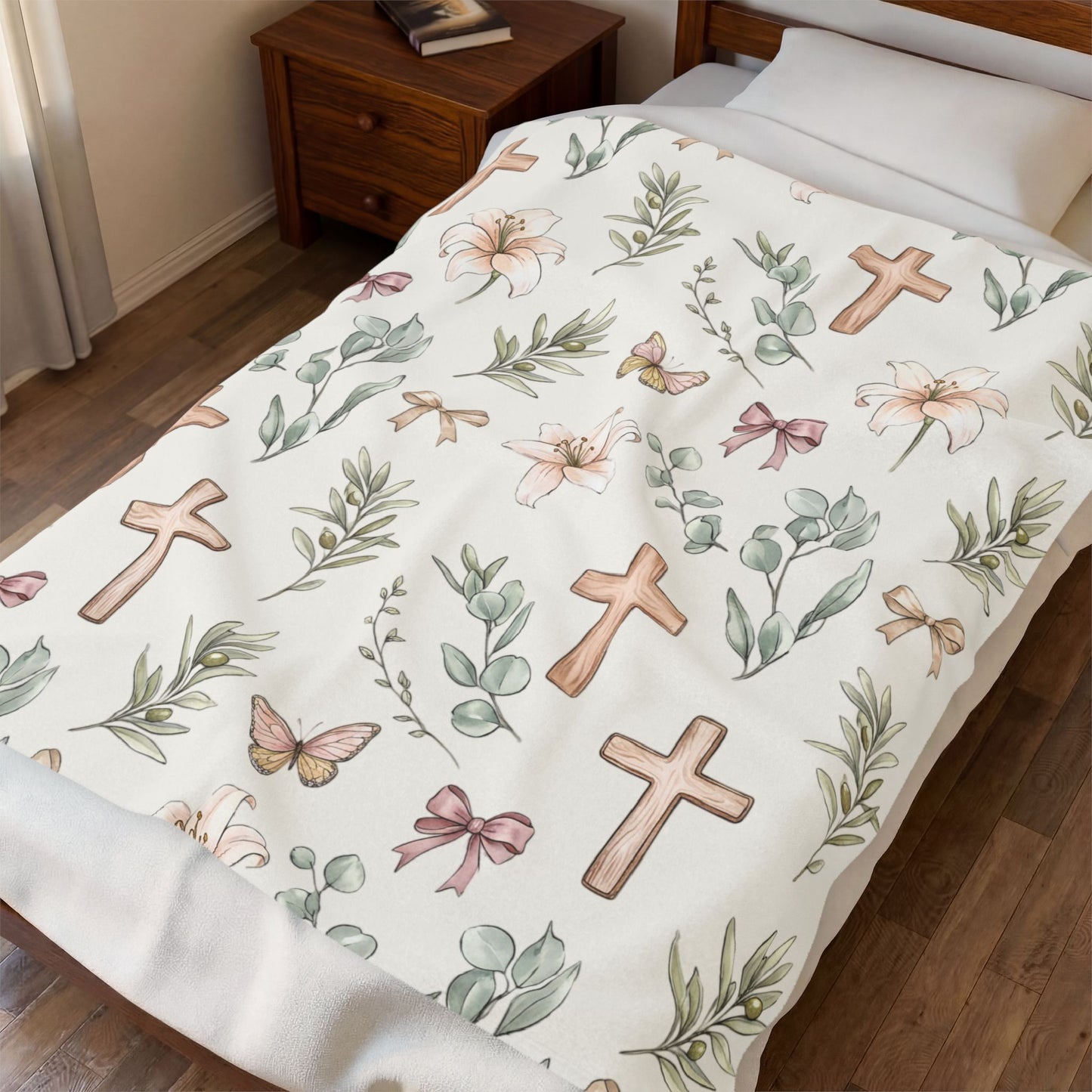 Floral Cross Baby Plush Blanket — Christian Nursery Velveteen Throw